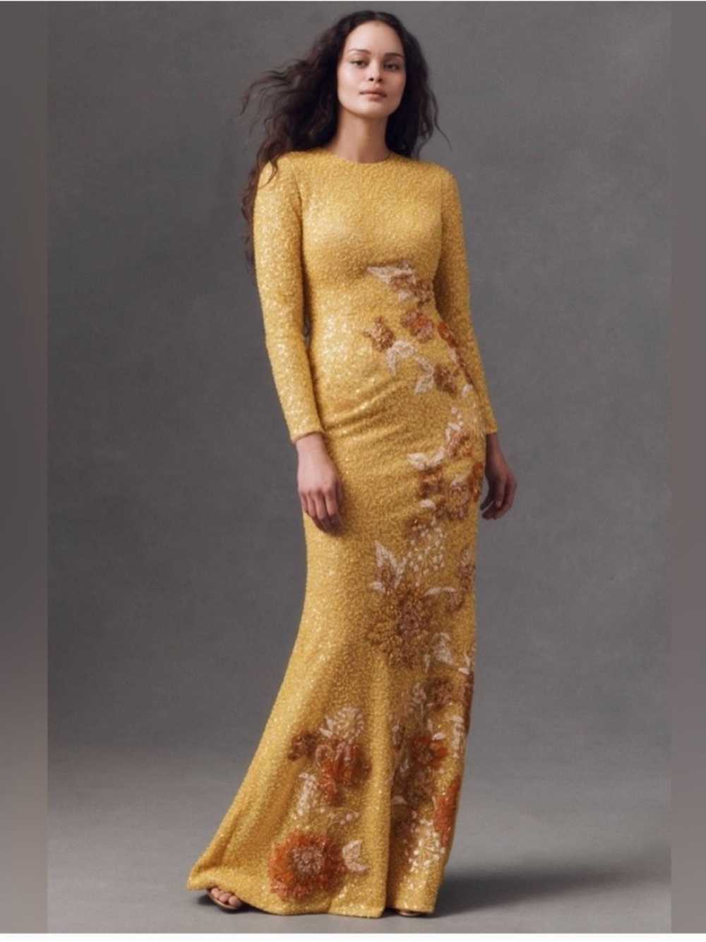 Gold Sequin Long Sleeve Floral-Embellished Evening Dress - Picture 9 of 9